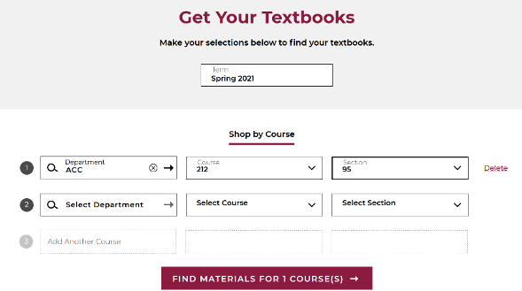 Bookstore Screenshot showing drop down fields to select courses and find materials button