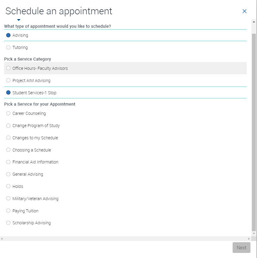 1 stop EAB screenshot - 1 stop advising option selected with service options shown