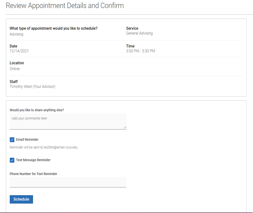 Confirm appointment in EAB - confirmation page with options for reminder by text or email