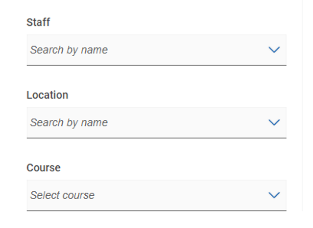 Choosing a location in Navigate screenshot - options for Staff, Location, and Course
