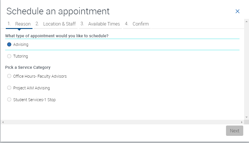 Schedule an appointment reason in EAB Screenshot - Advising option selected